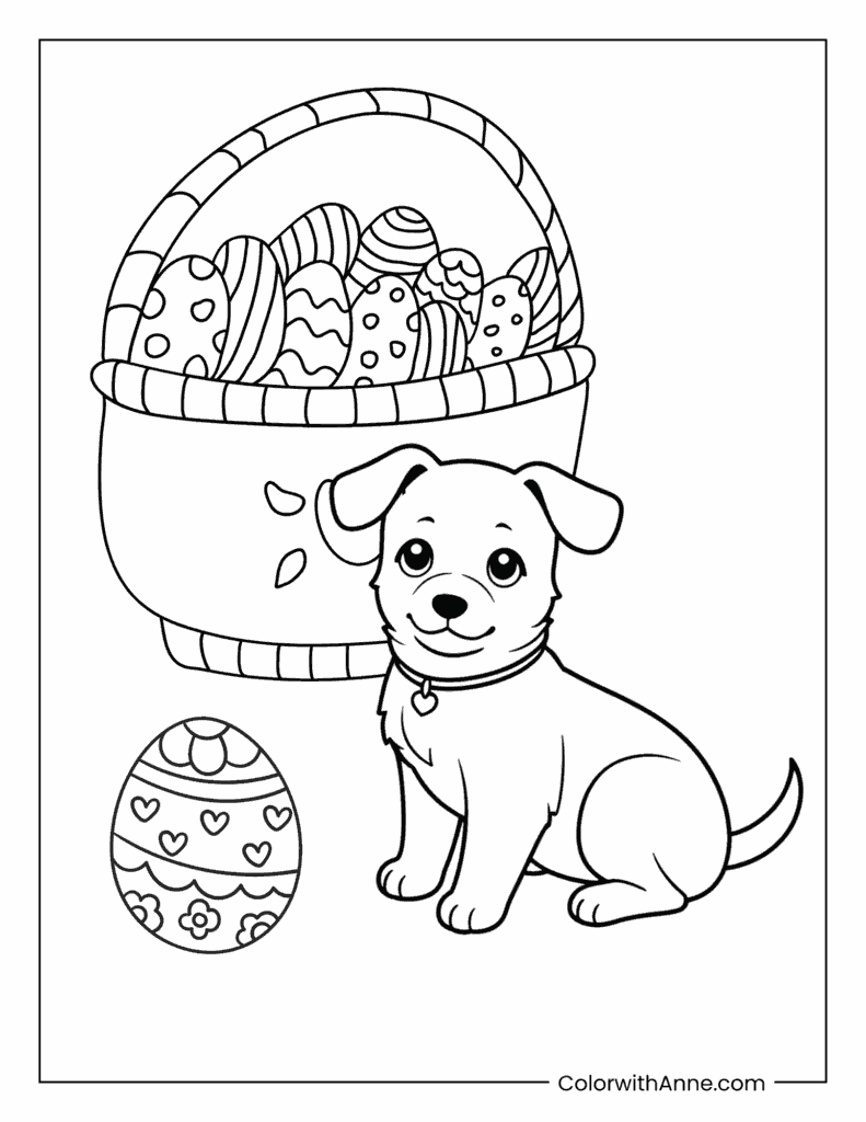 Easter Dog and Eggs Coloring Page