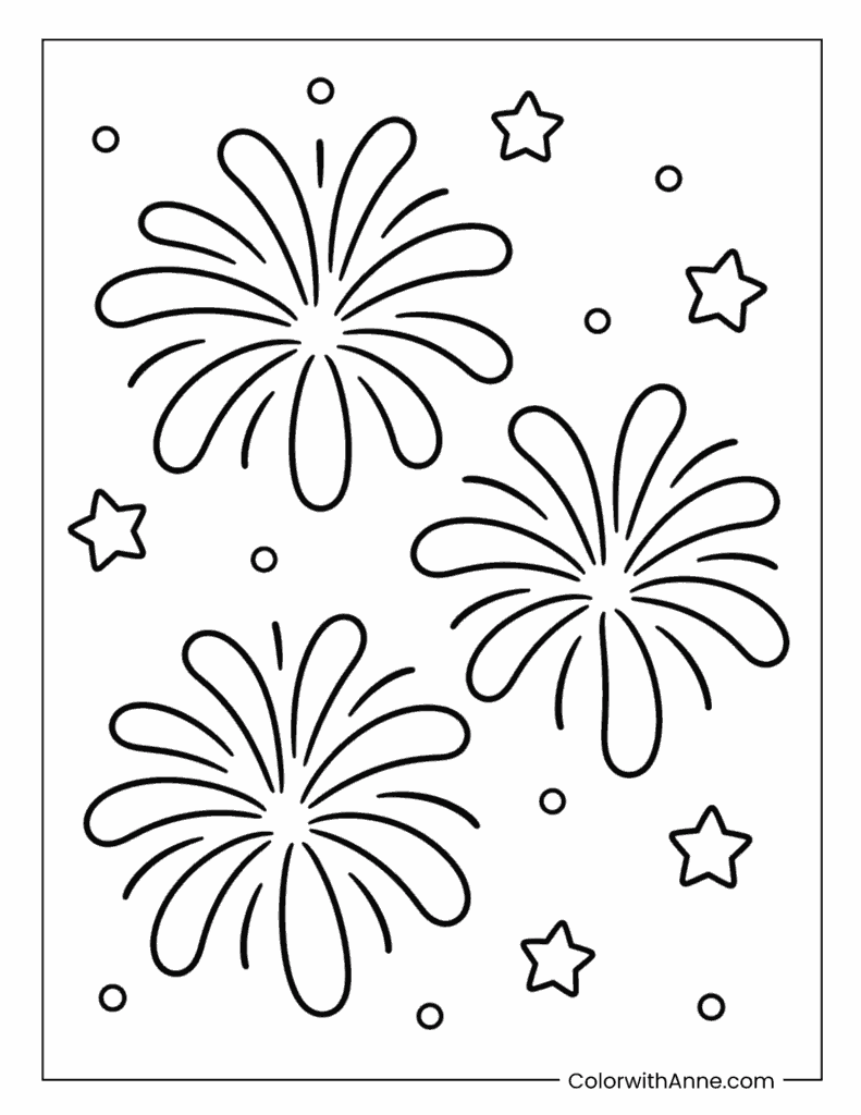 Easy Fireworks and Stars 4th of July Coloring Page for Preschoolers