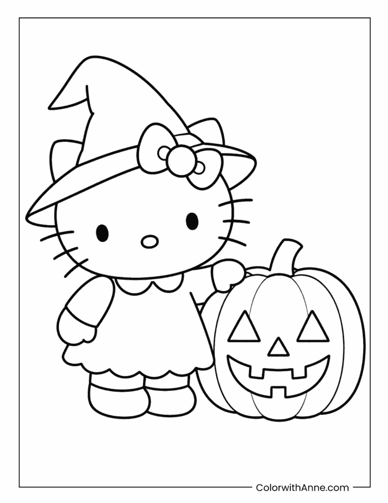 Easy Hello Kitty Witch with Jack-o'-Lantern Halloween Coloring Page for Kids