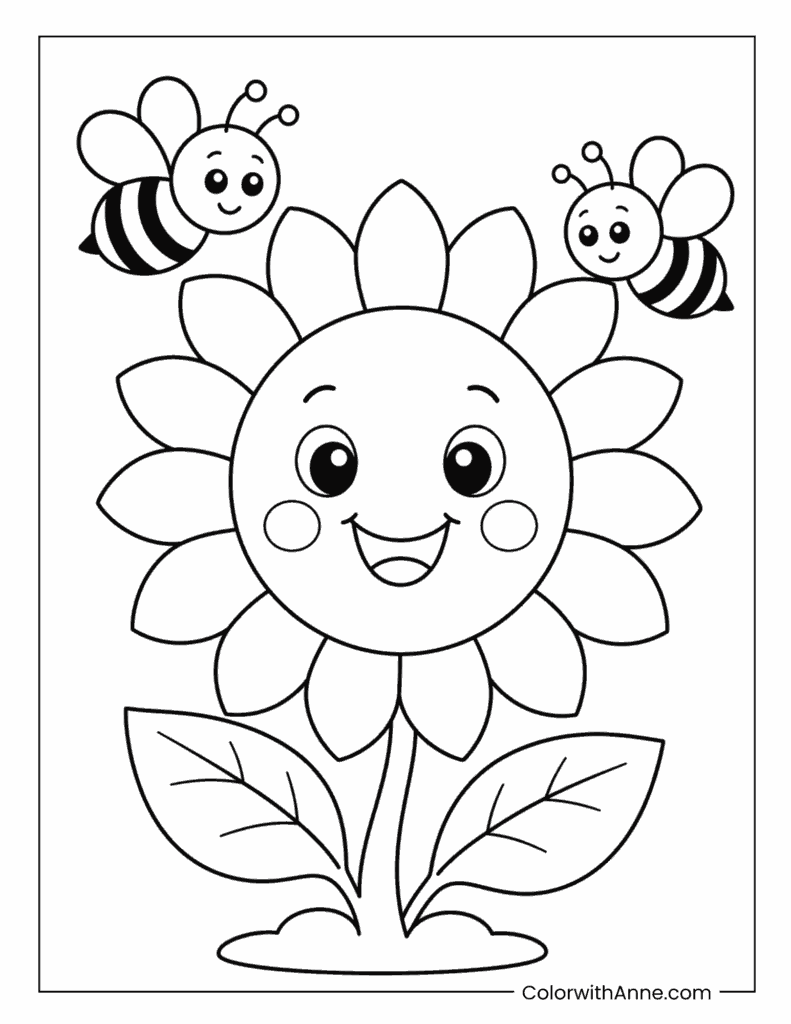 Easy Smiling Sunflower with Bees Coloring Page for Kids