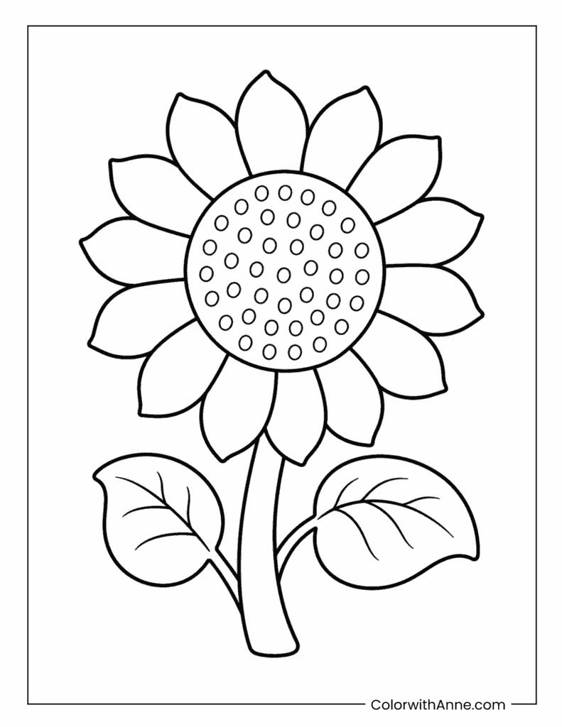 Easy Sunflower with Leaves Coloring Page