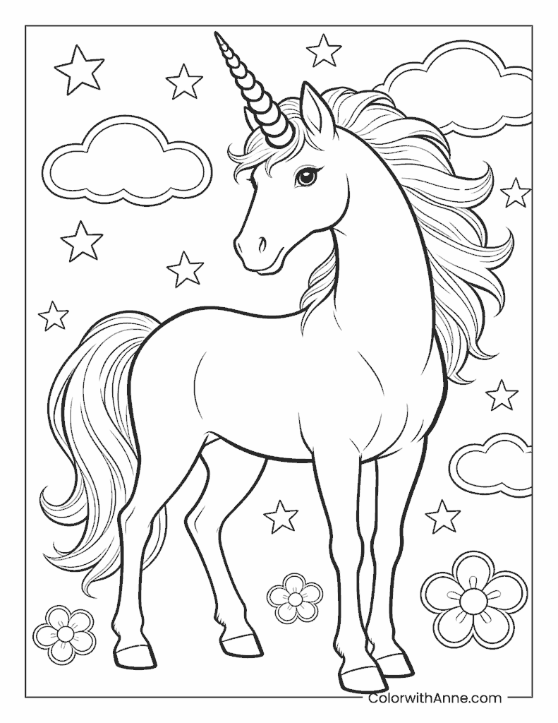 Easy Unicorn with Stars and Flowers Coloring Page