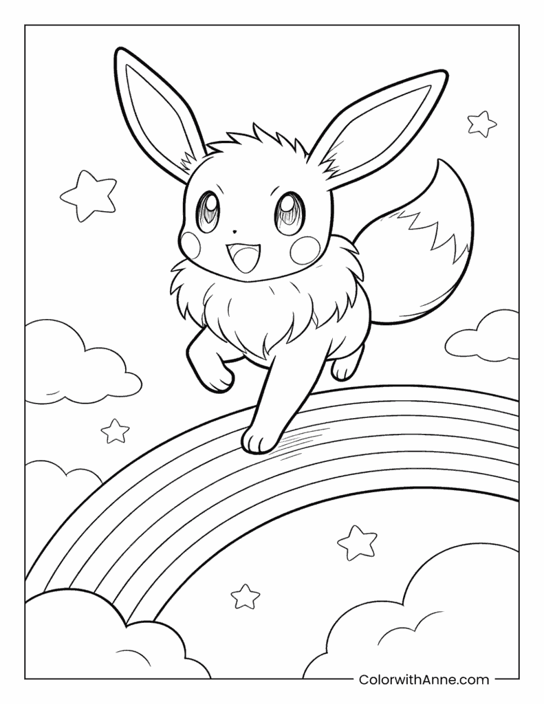 Eevee Jumping on a Rainbow Coloring Page