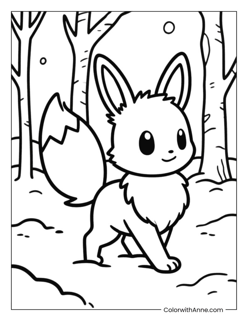 Eevee Pokemon in the Snowy Forest Coloring Page
