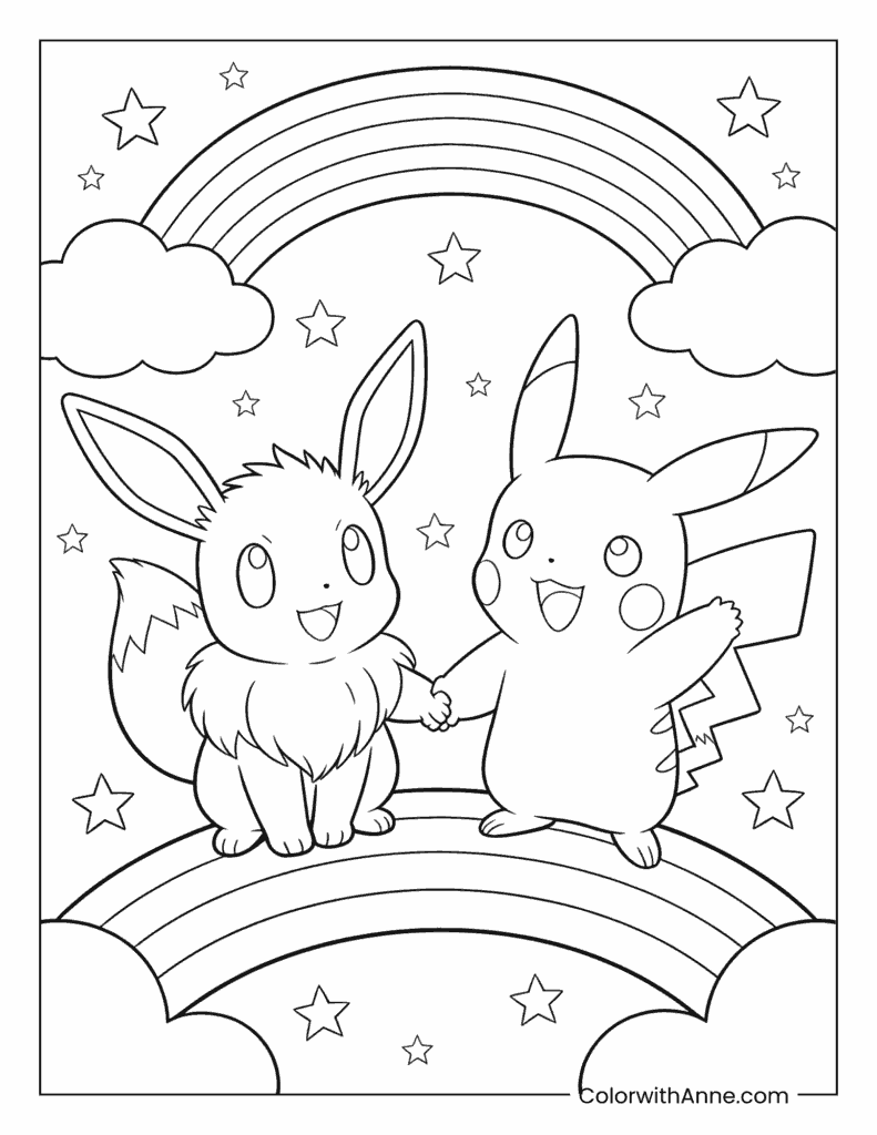 Eevee and Pikachu Holding Hands Coloring Page
