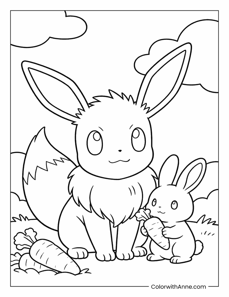 Eevee and a Bunny with Carrots Coloring Page