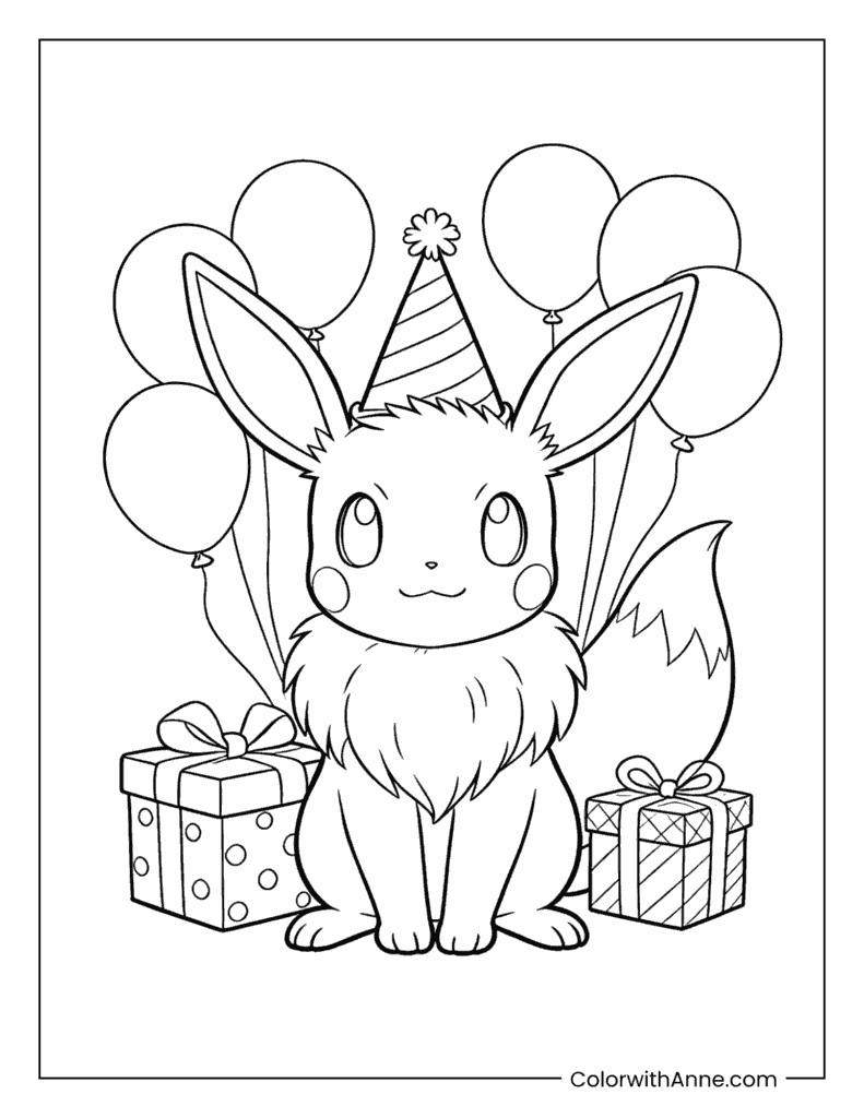 Eevee with a Party Hat and Balloons Coloring Page