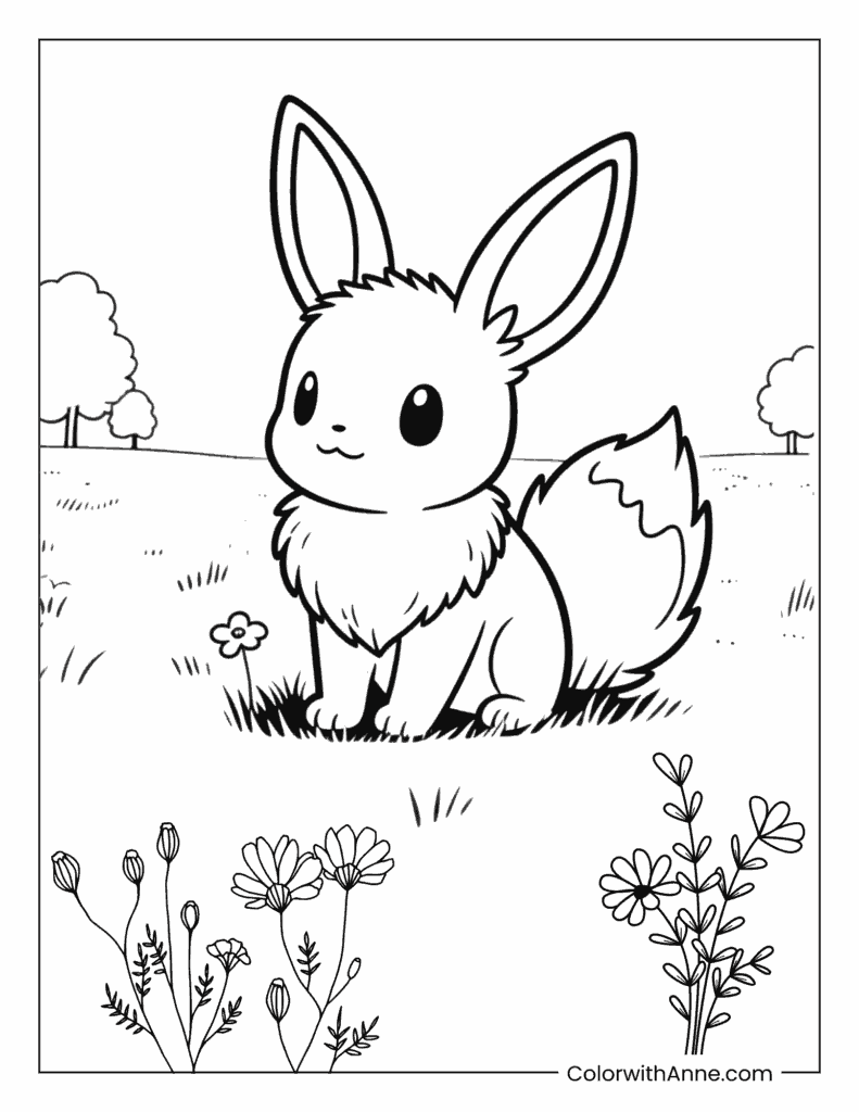 Eevee’s Flower Field Adventure Coloring Page