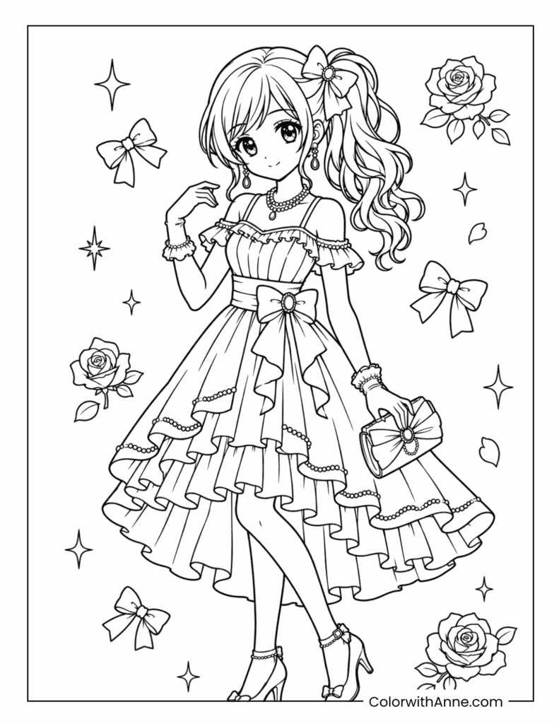 Elegant Bow Dress Anime Girl Coloring Page