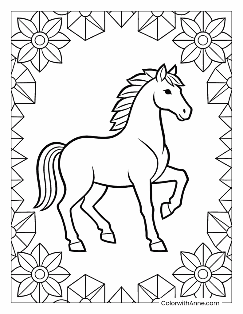 Elegant Standing Horse with Decorative Frame Coloring Page