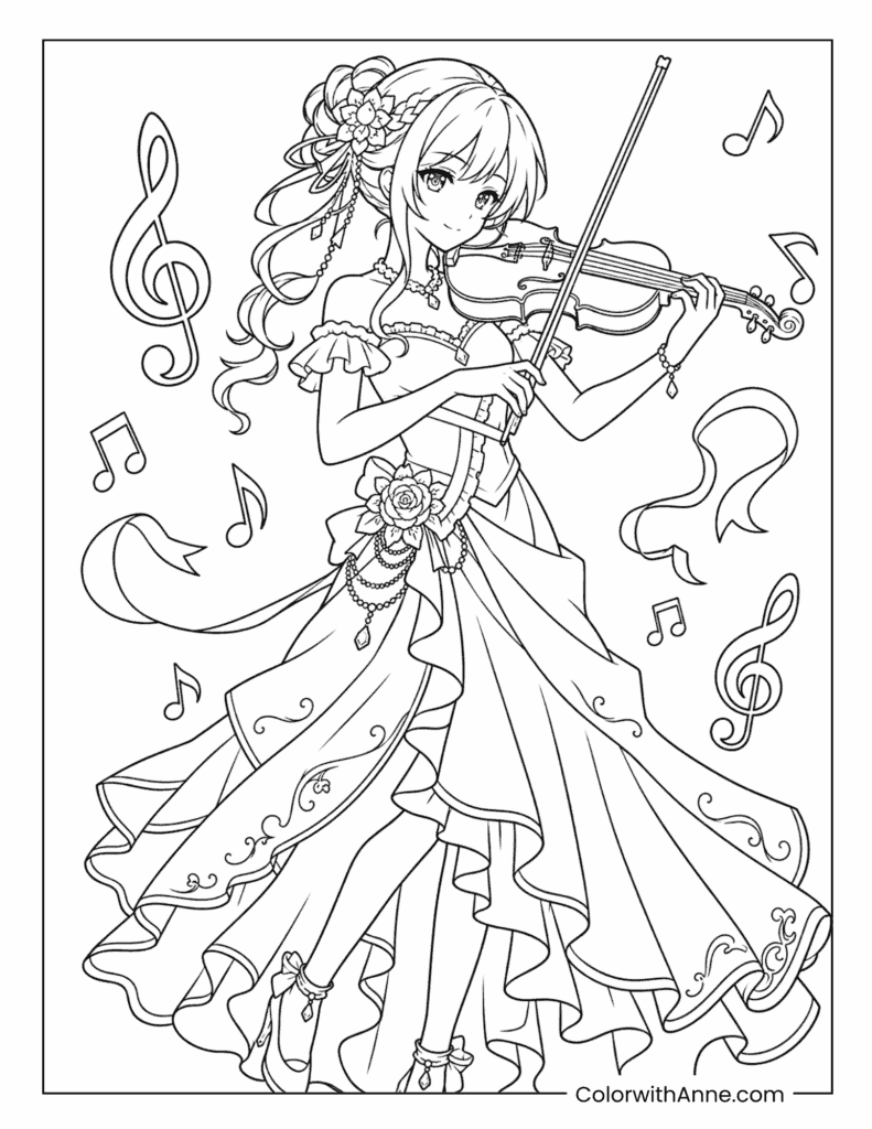 Elegant Violin Anime Girl Coloring Page