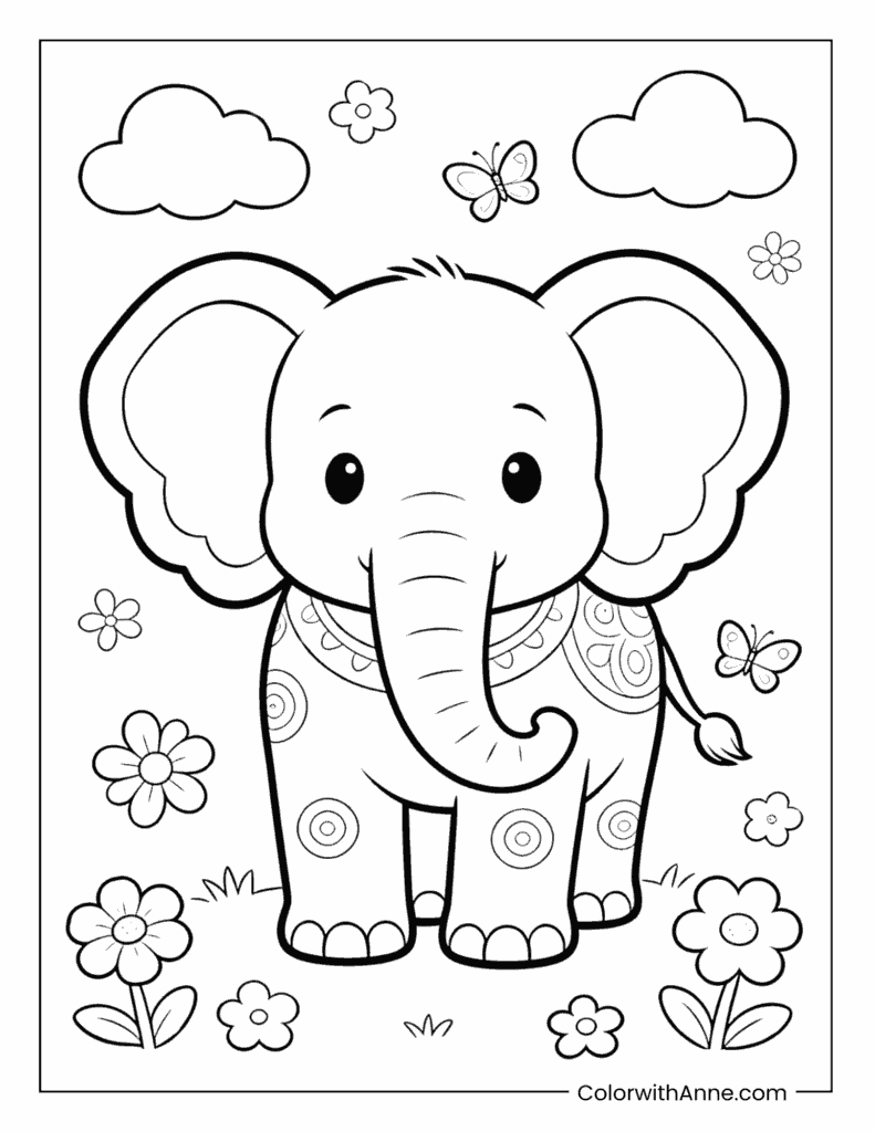 Elephant Among Garden Flowers Coloring Page