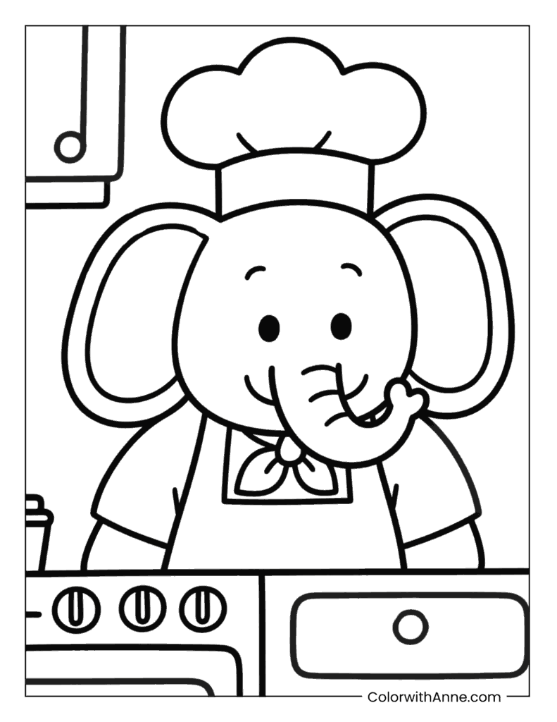 Elephant Chef in the Kitchen Coloring Page