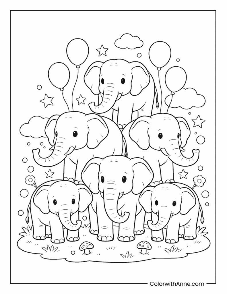 Elephant Family in the Sunny Meadow Coloring Page