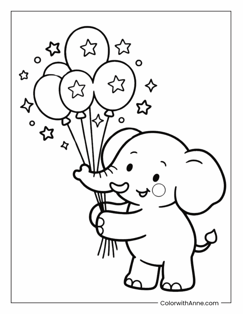 Elephant Holding a Balloon Bouquet Coloring Page