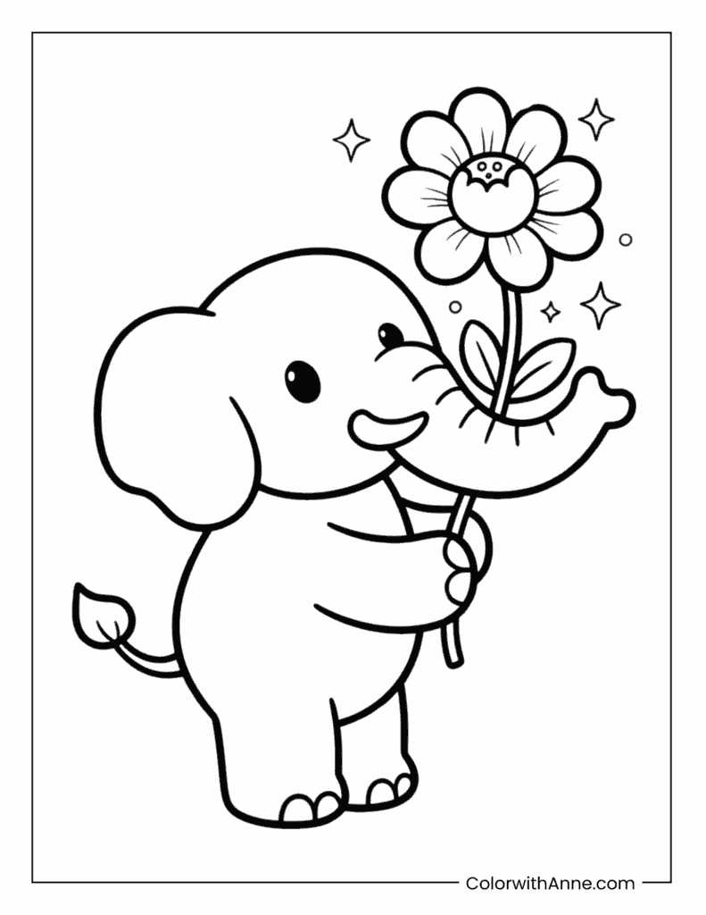 Elephant Holding a Giant Flower Coloring Page