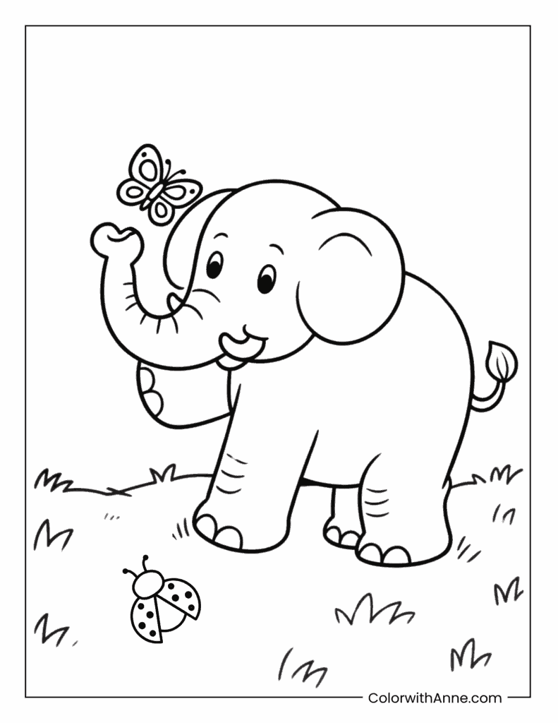 Elephant Playing with a Butterfly Coloring Page