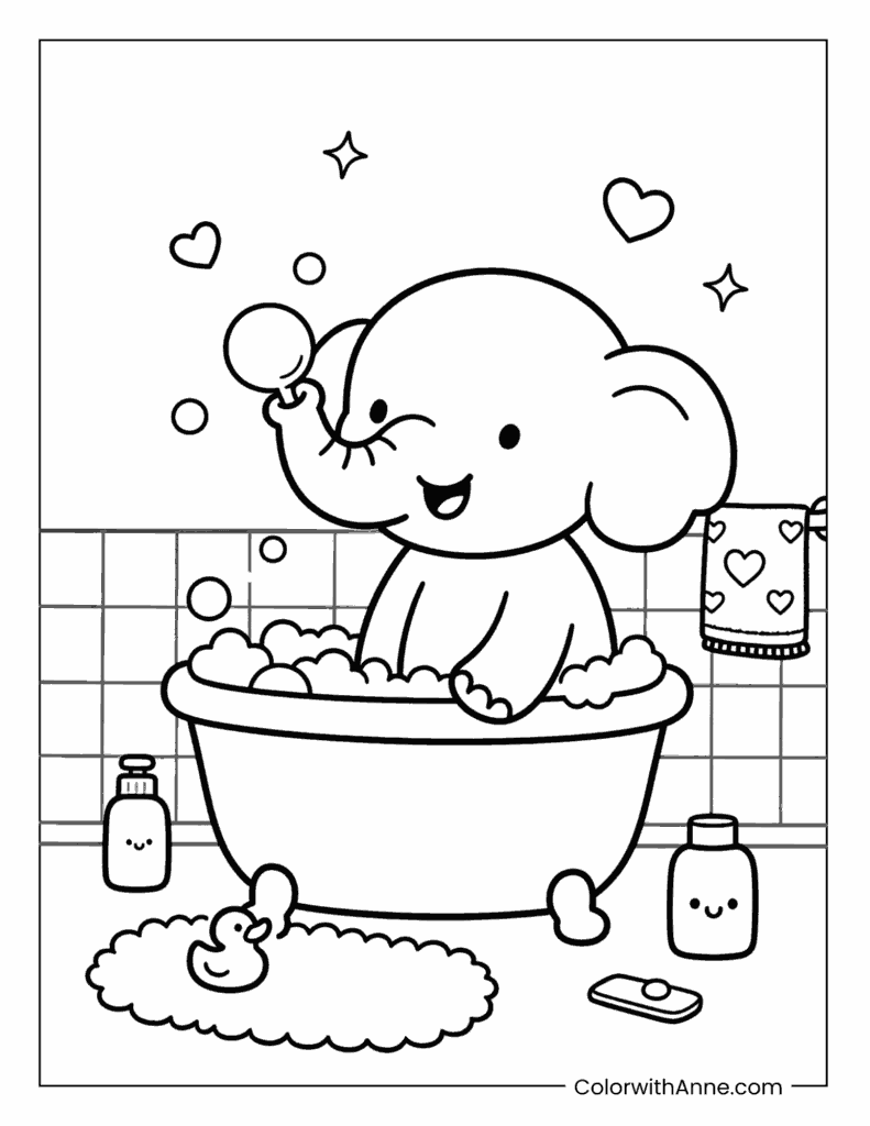 Elephant Sitting in a Bubble Bath Coloring Page