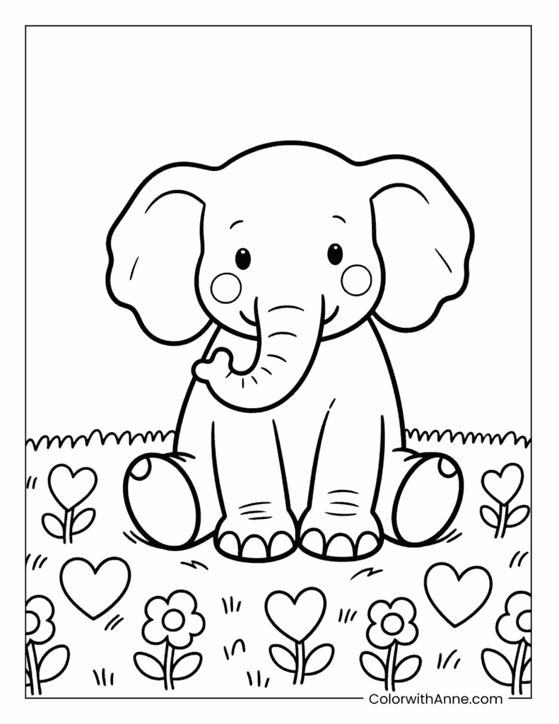 Elephant Sitting in a Field of Heart-Shaped Flowers Coloring Page