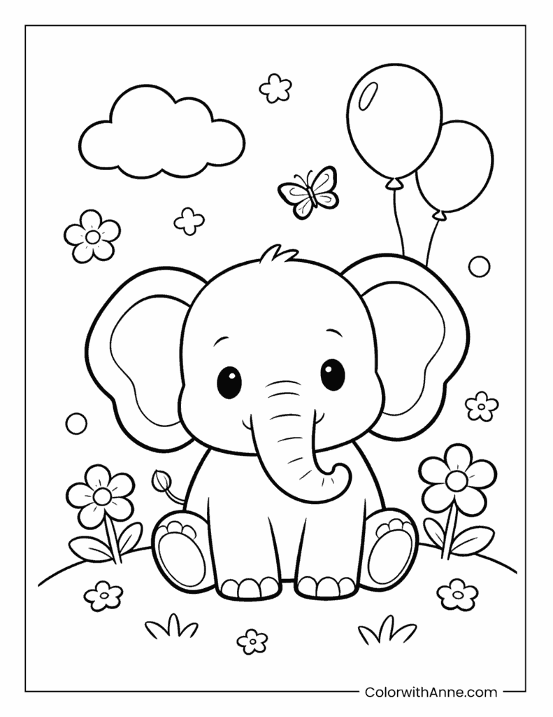 Elephant Sitting with Balloons and Flowers Coloring Page