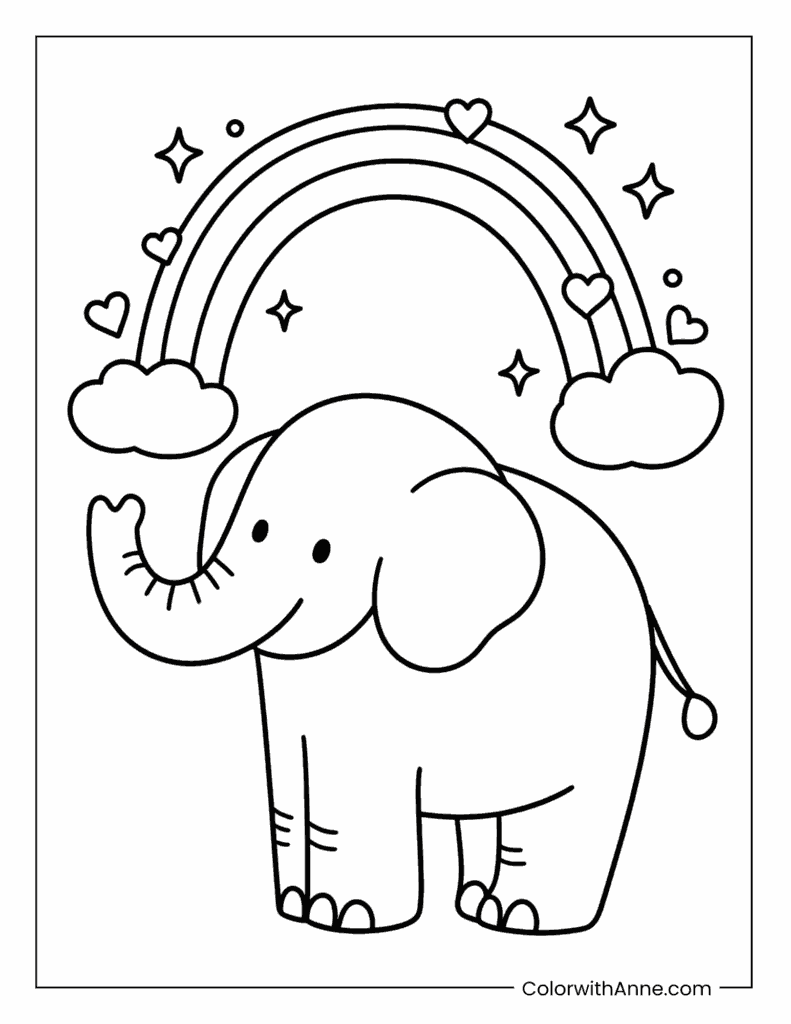 Elephant Standing Under a Rainbow Coloring Page