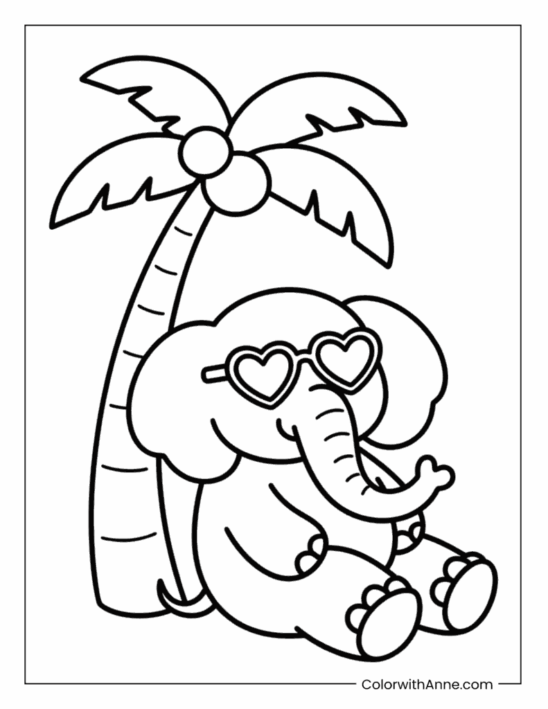 Elephant Under the Palm Tree Coloring Page
