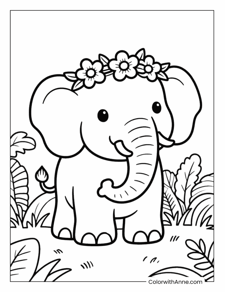 Elephant Wearing a Flower Crown Coloring Page