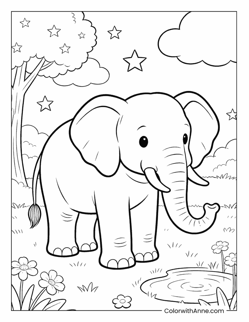 Elephant by a Tree and Watering Hole Coloring Page