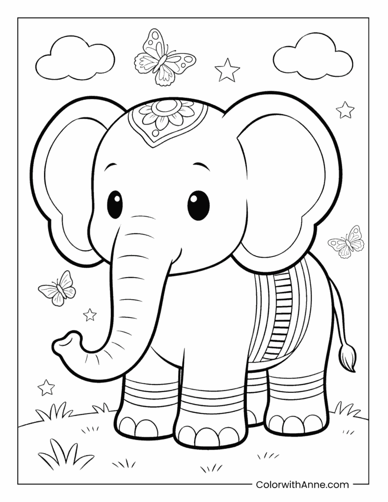 Elephant with Butterfly Friends Coloring Page