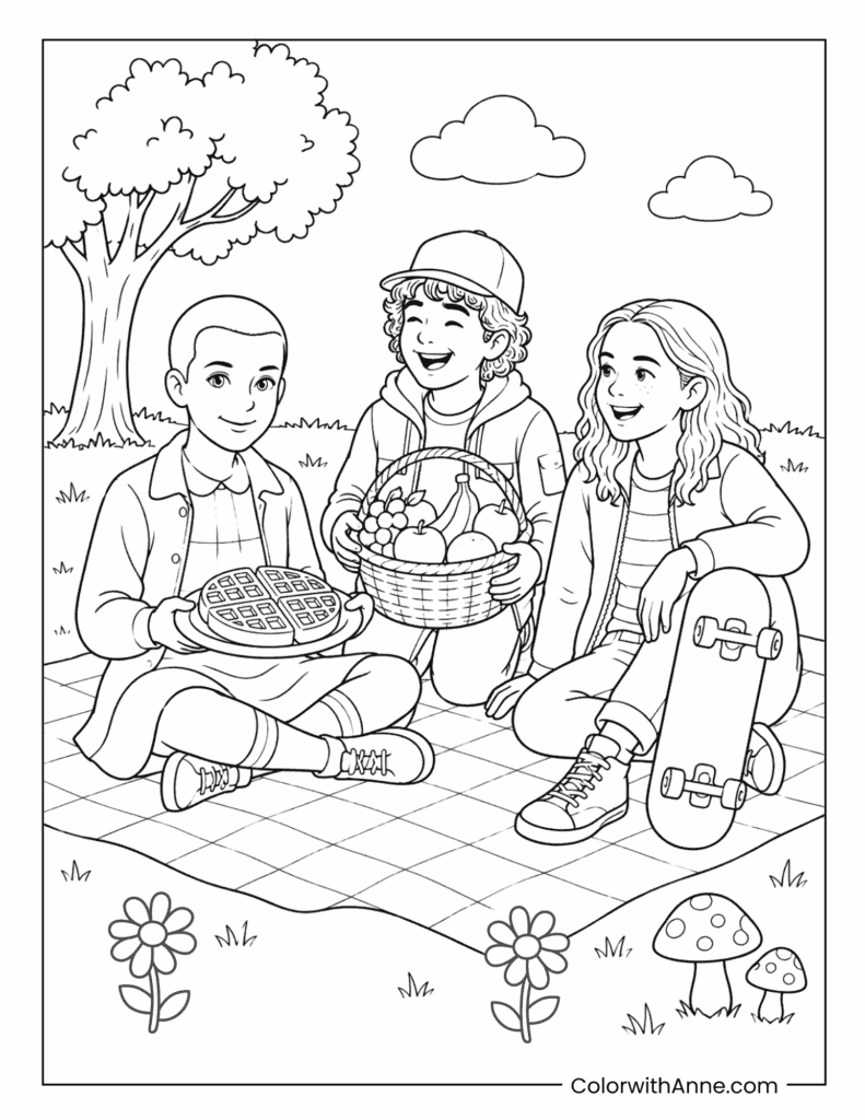 Eleven, Dustin and Max Picnic Coloring Page