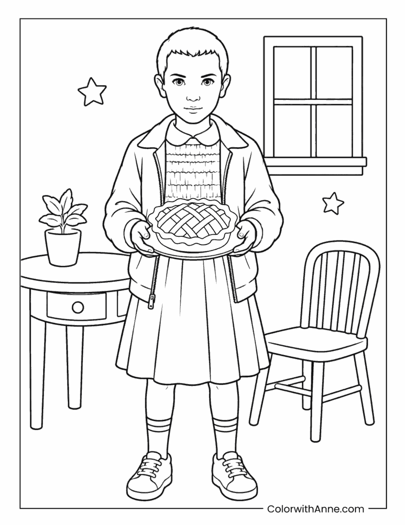 Eleven Holding Pie Stranger Things Coloring Page