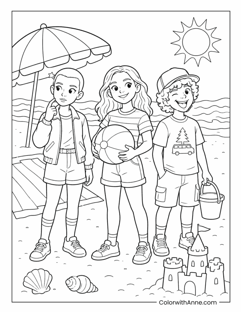 Eleven, Max and Dustin Beach Day Stranger Things Coloring Page