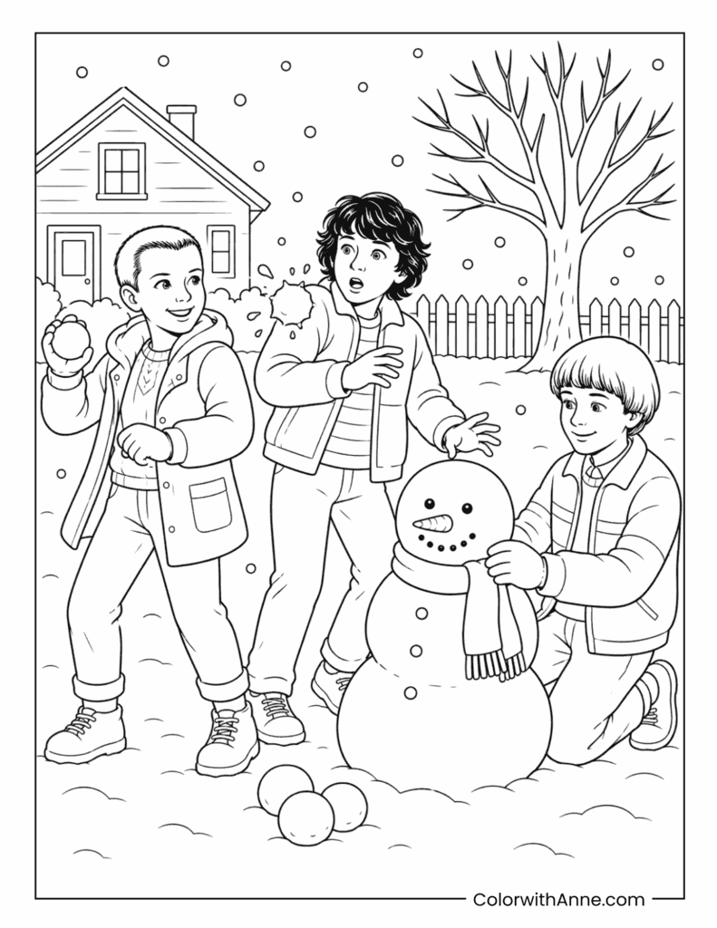 Eleven, Mike and Will Snowman Coloring Page