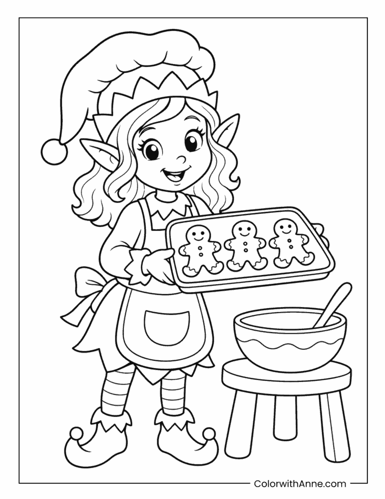 Elf Baking Gingerbread Cookies Coloring Page