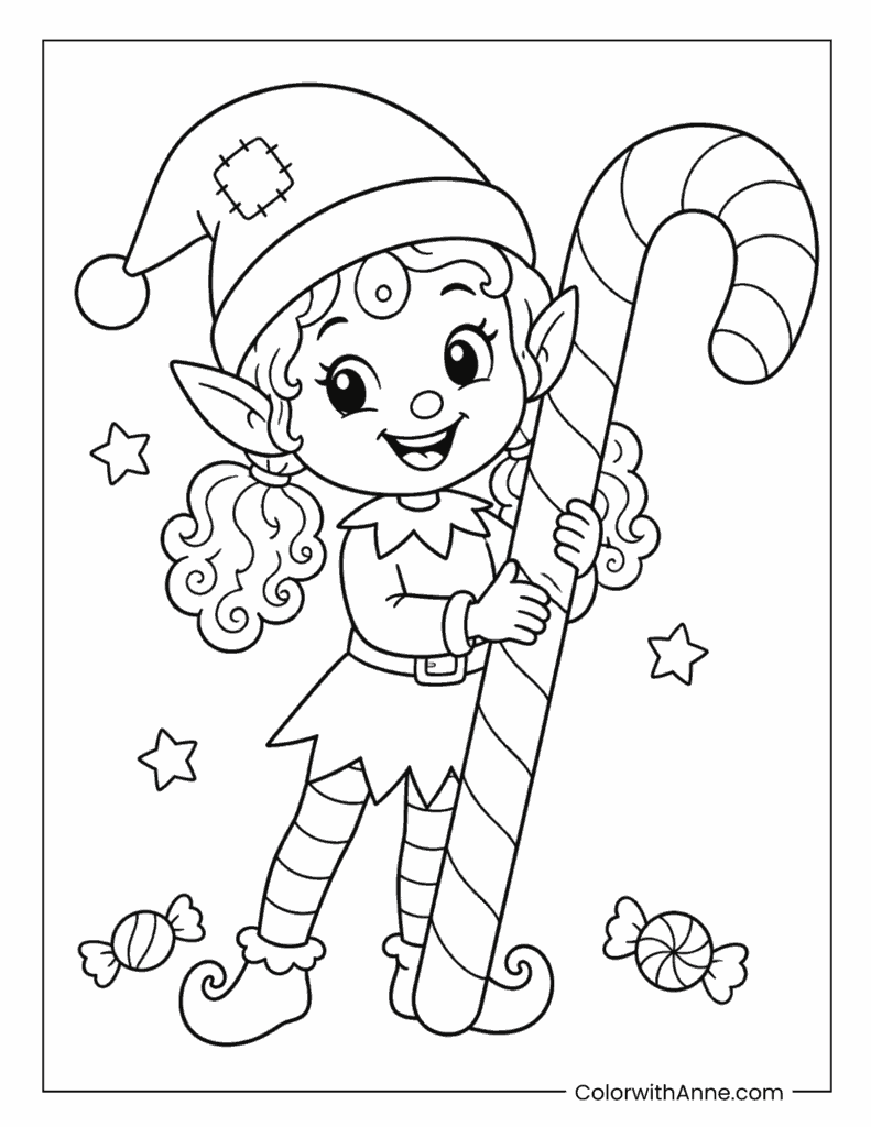 Elf Holding a Giant Candy Cane Coloring Page