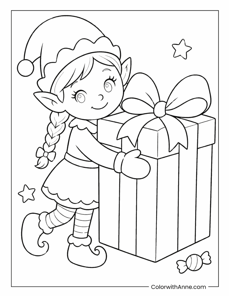 Elf Hugging a Giant Present Coloring Page