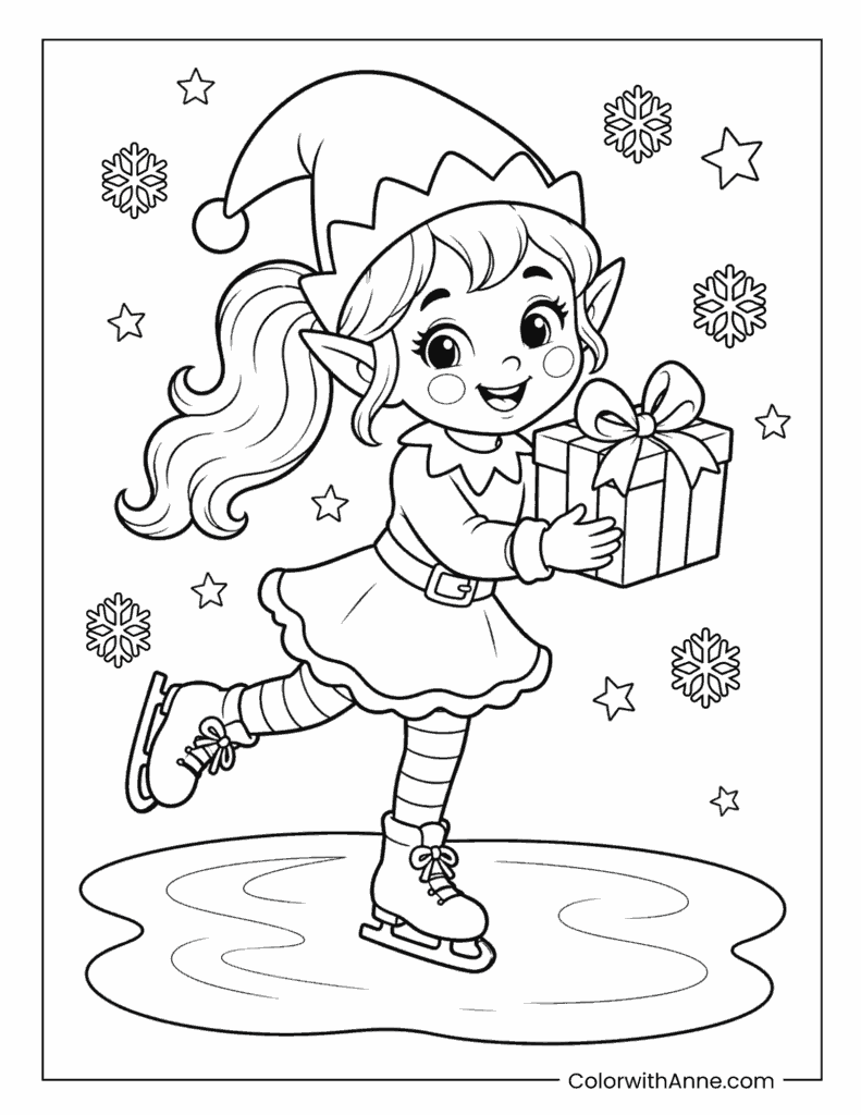Elf Ice Skating with a Gift Coloring Page