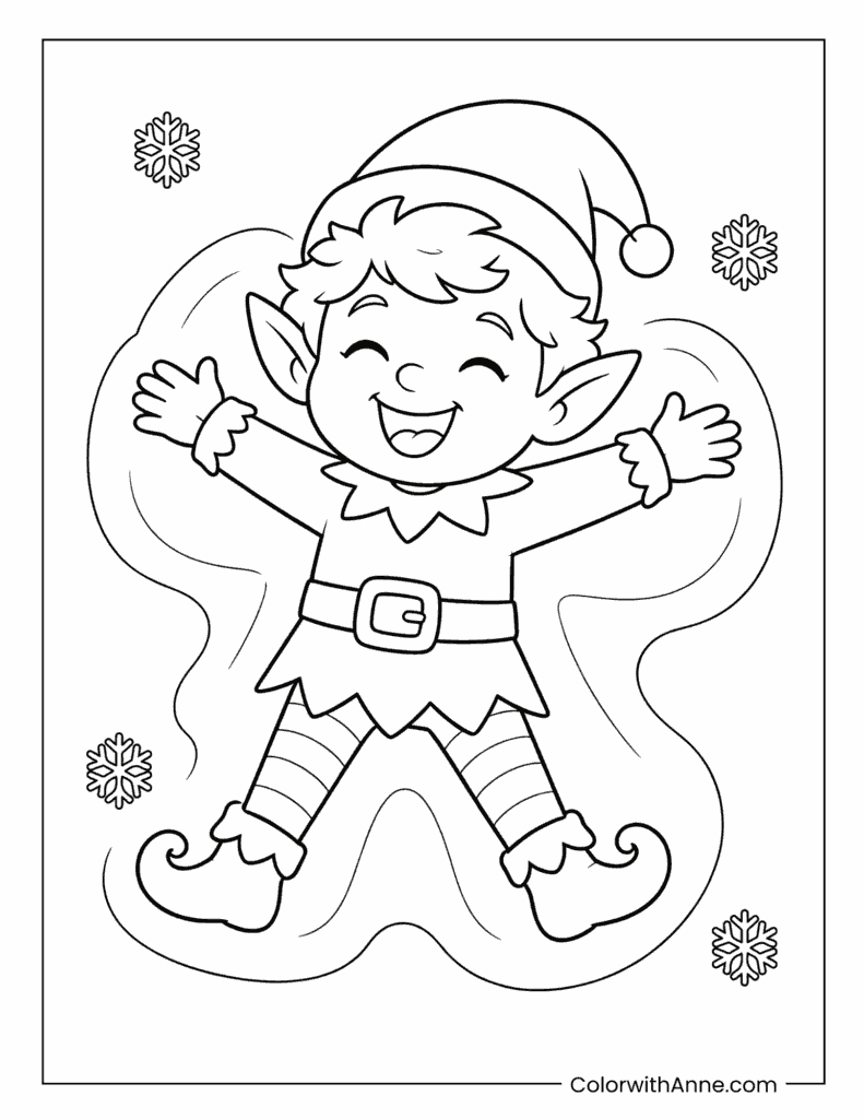 Elf Making a Snow Angel Coloring Page