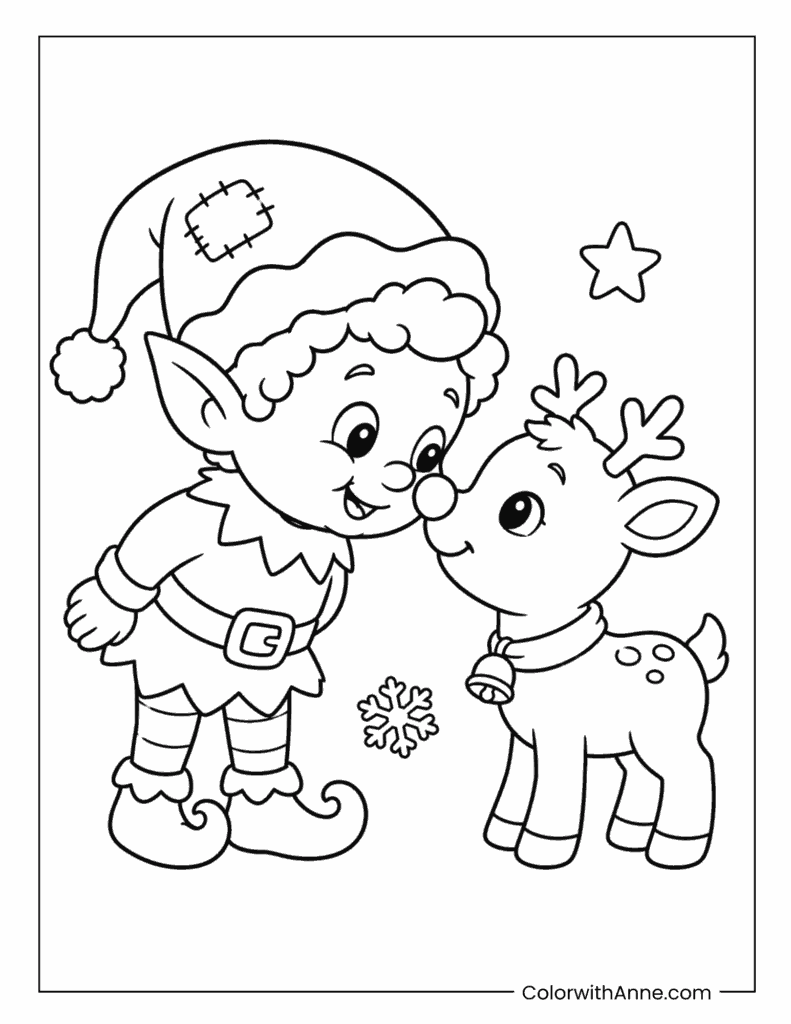 Elf Petting a Reindeer Coloring Page