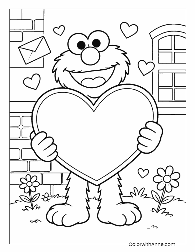 Elmo Holding a Big Heart Coloring Page