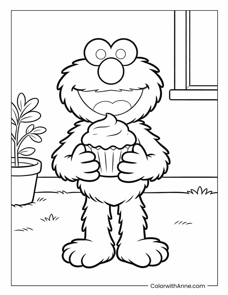 Elmo Holding a Cupcake Coloring Page