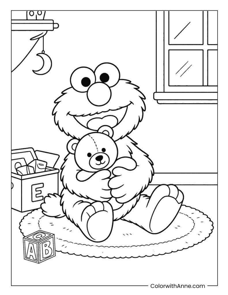 Elmo Hugging David the Teddy Bear Coloring Page