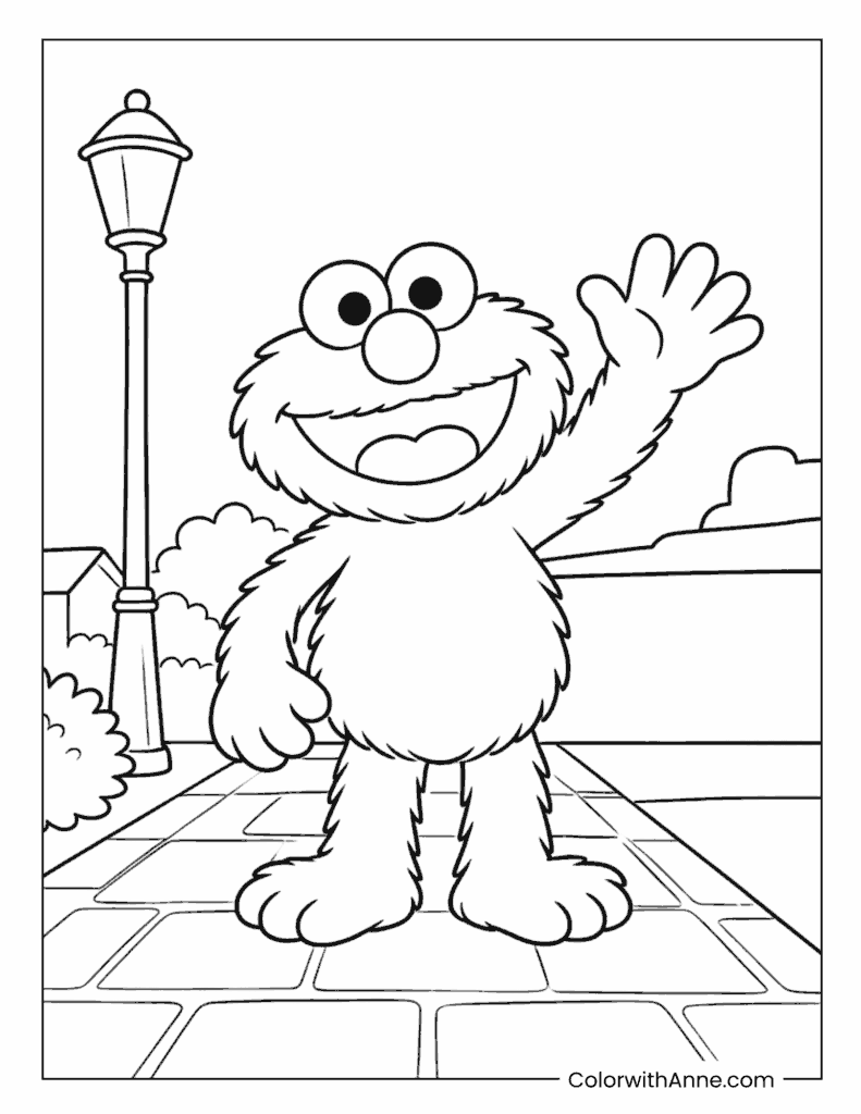 Elmo Waving by a Streetlamp Coloring Page