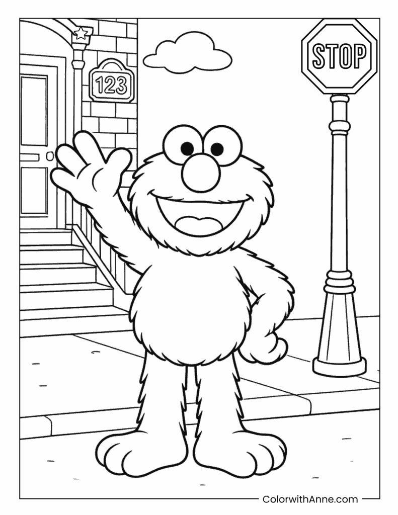 Elmo Waving on Sesame Street Coloring Page