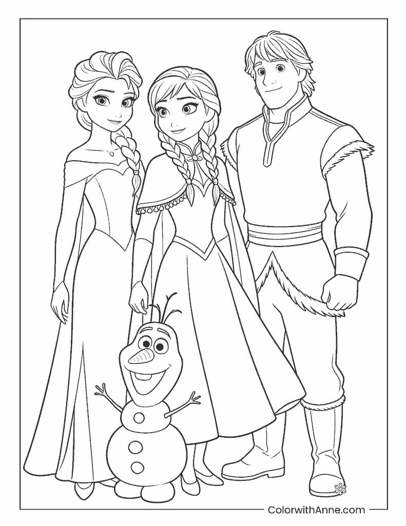 Elsa, Anna, Kristoff and Olaf Frozen Coloring Page