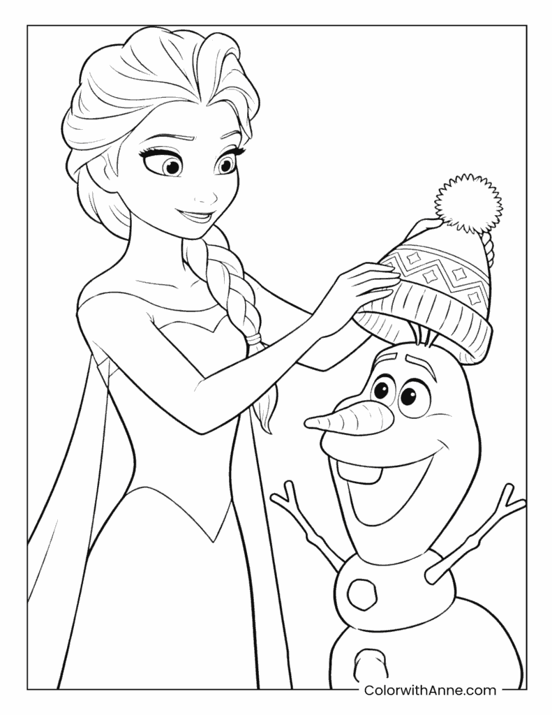 Elsa Giving a Hat to Olaf Coloring Page