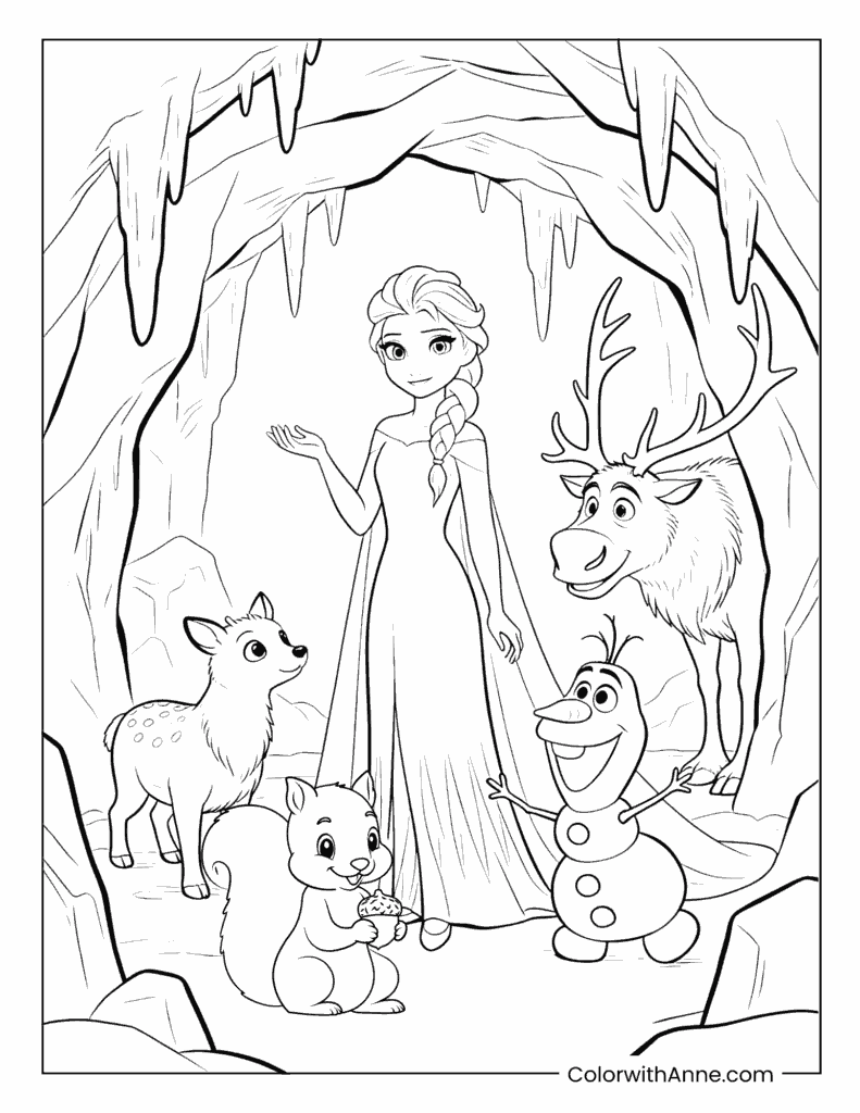 Elsa and Friends in an Ice Cave Coloring Page