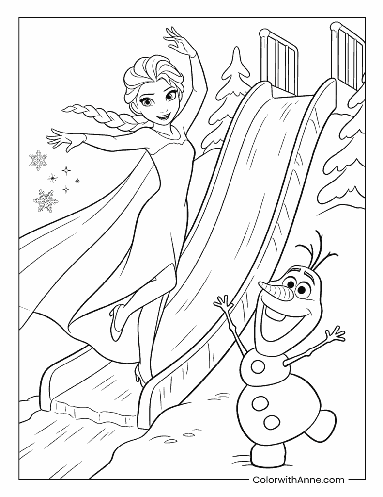 Elsa and Olaf Sliding on a Winter Slide Coloring Page