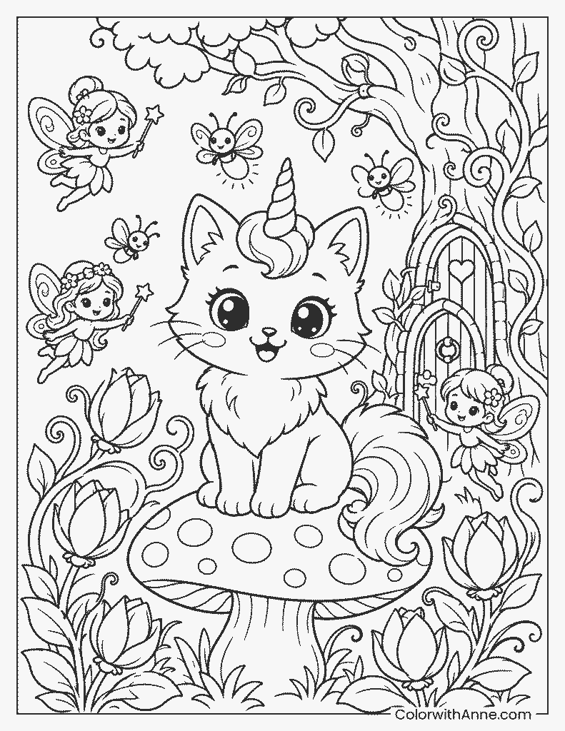 Enchanted Forest Unicorn Cat Coloring Page