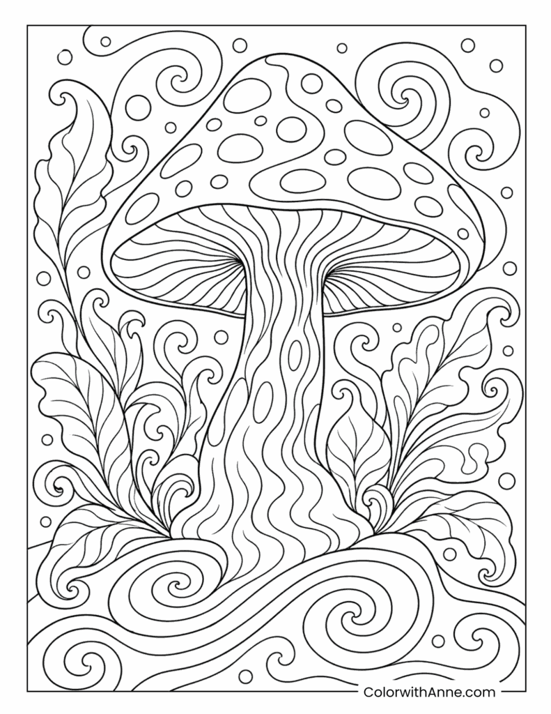 Enchanted Giant Mushroom Surrounded By Spirals Trippy Coloring Page